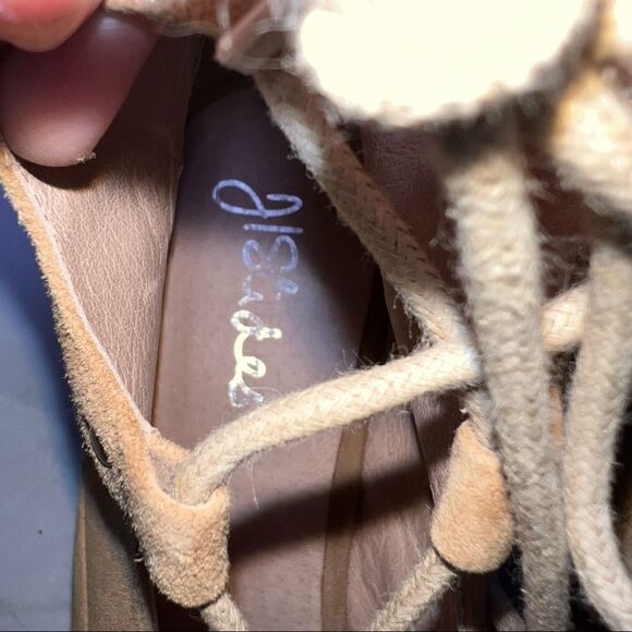 J/SLIDES wedges Tan Caged Lace Up Platform Wedges Size 10 Suede Microfiber. - Picture 8 of 9